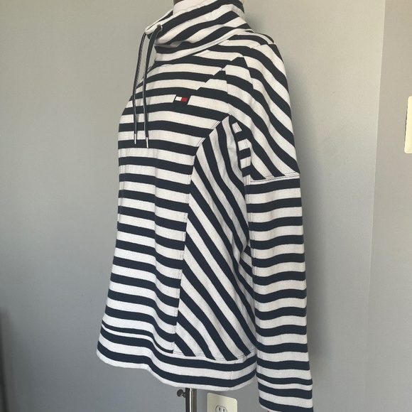 Tommy Hilfiger Sport Navy Striped Funnel Neck Fleece Nautical sweatshirt Hoodie - Picture 7 of 13